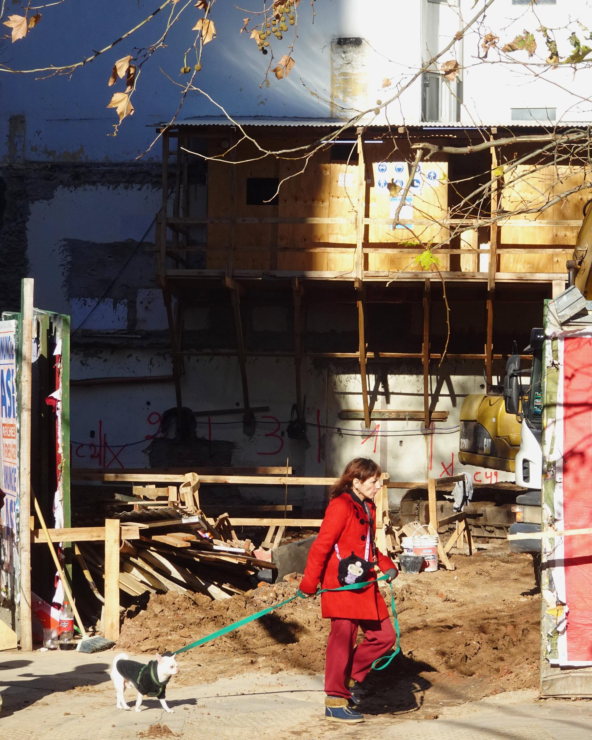 A woman in a red coat walking a small dog past a building site