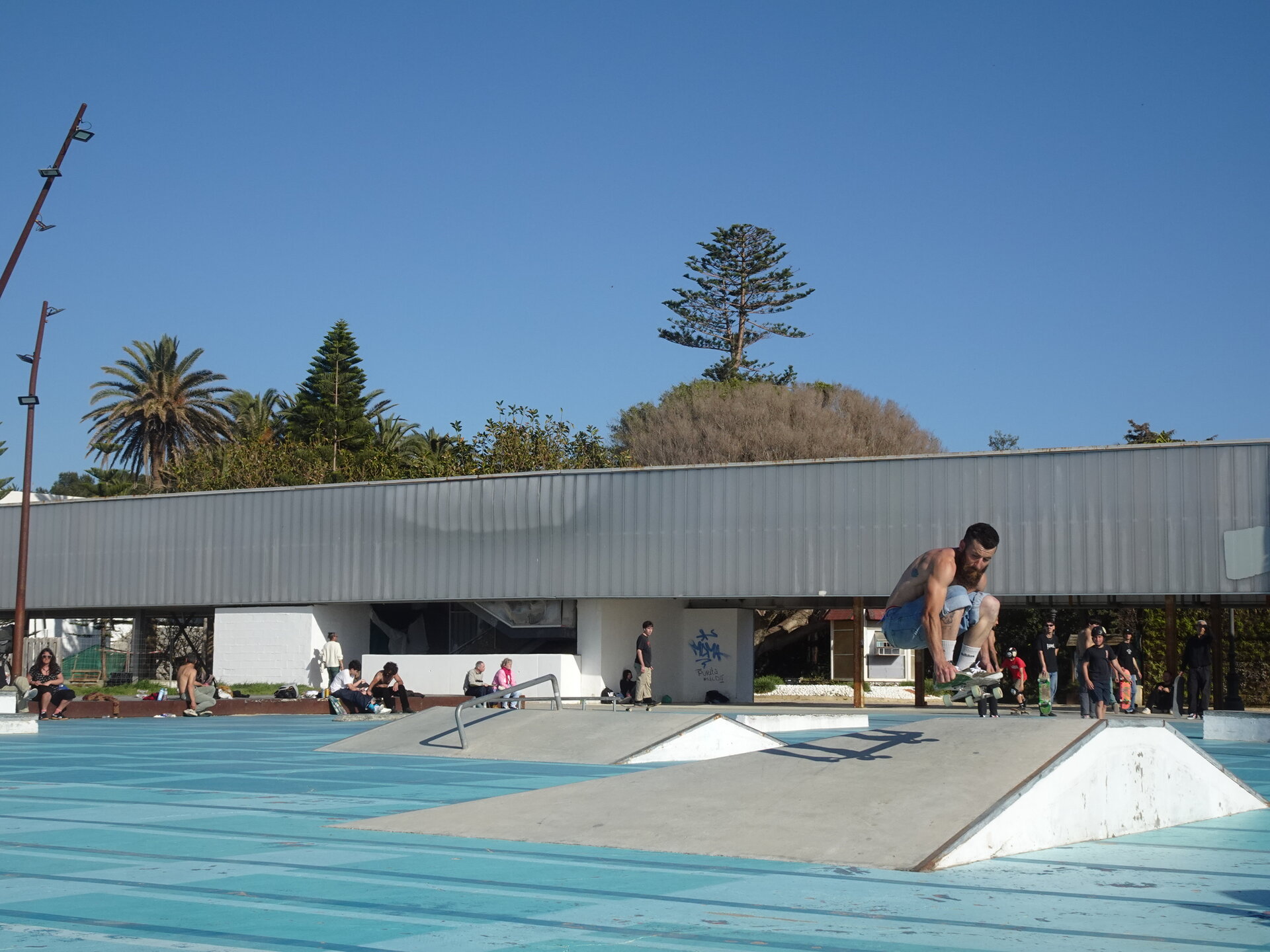 Skater performing a trick at a blue skatepark