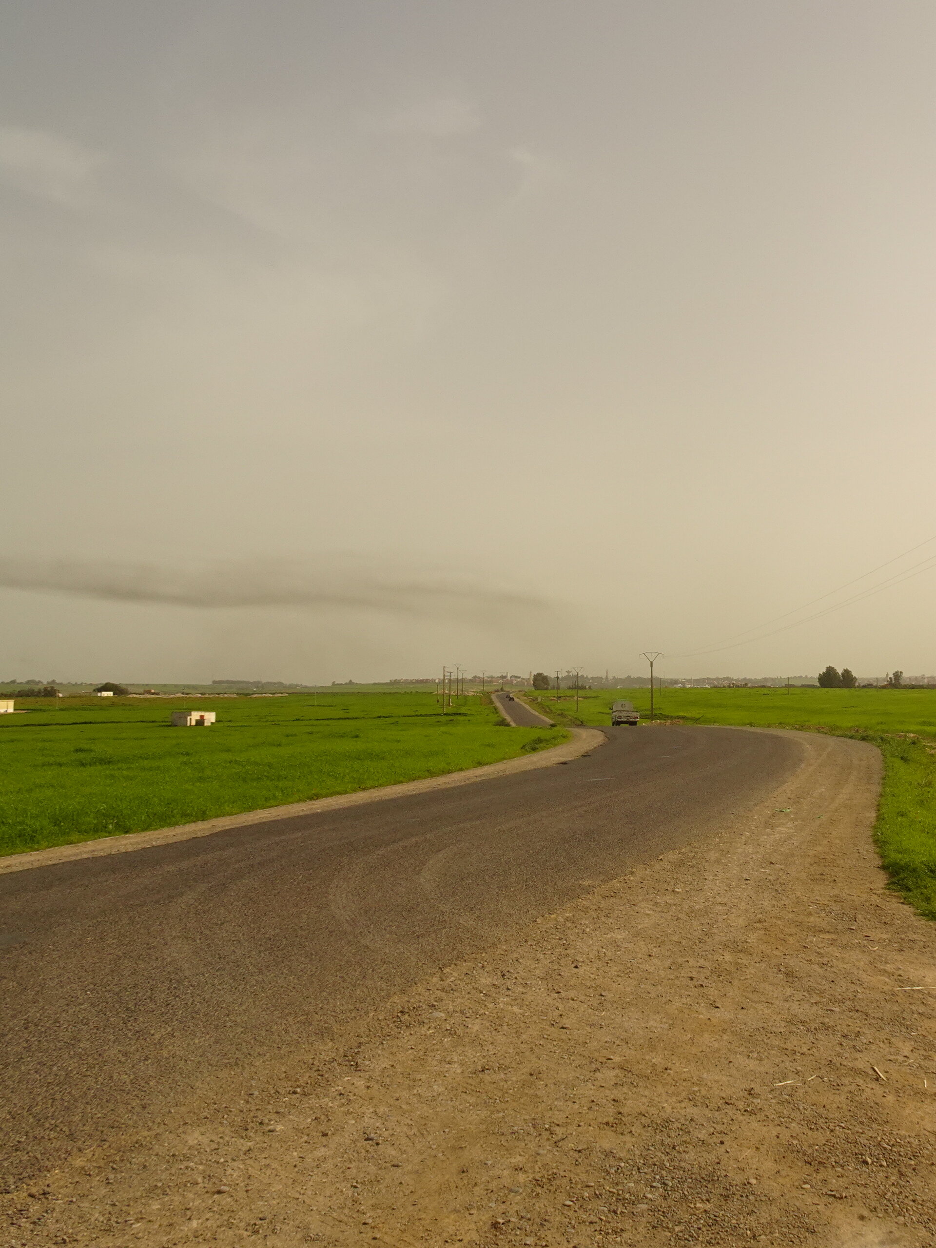 Winding road through flat green fields under low cloud