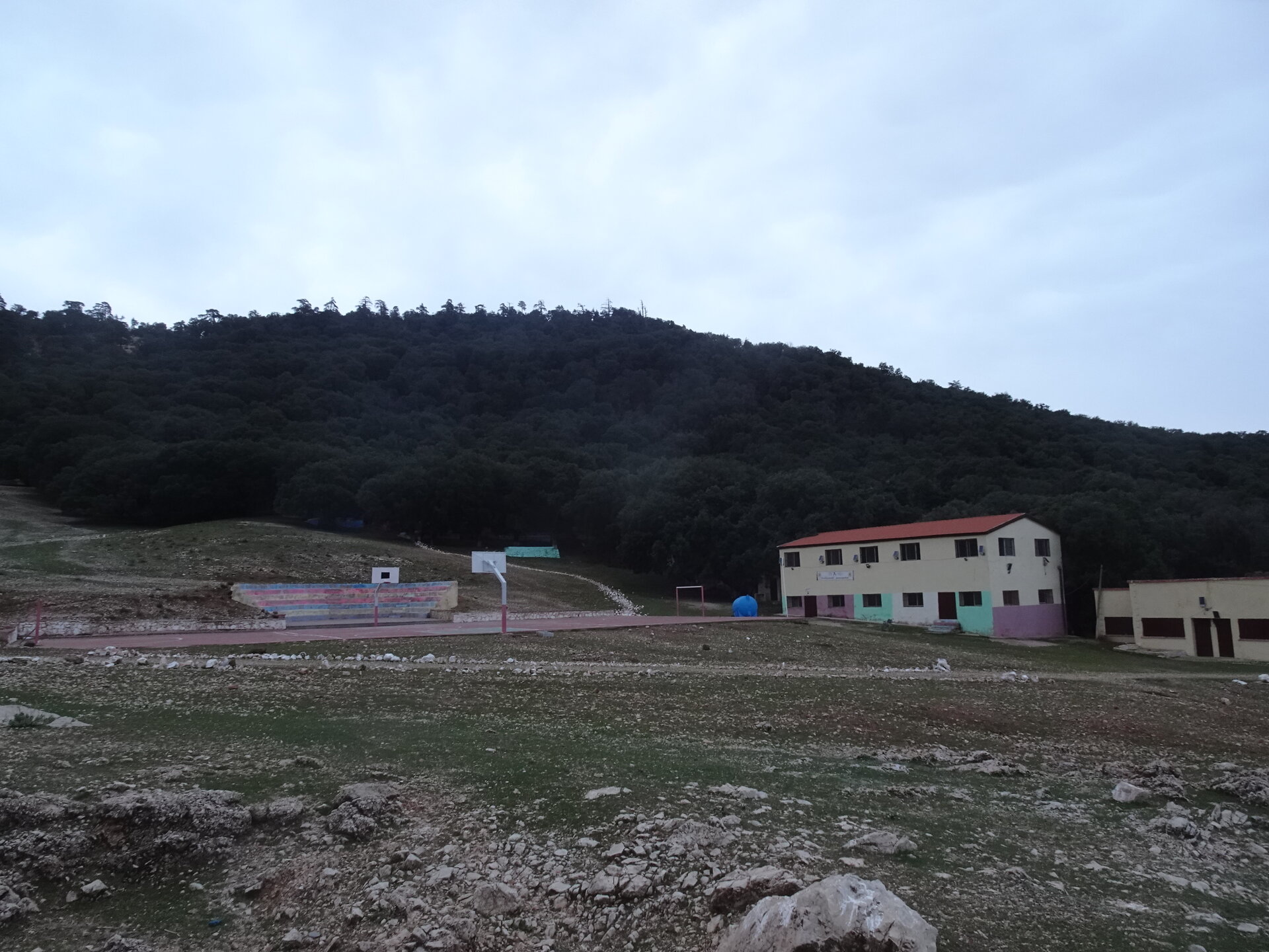 School and basketball court at the foot of a forested hillside