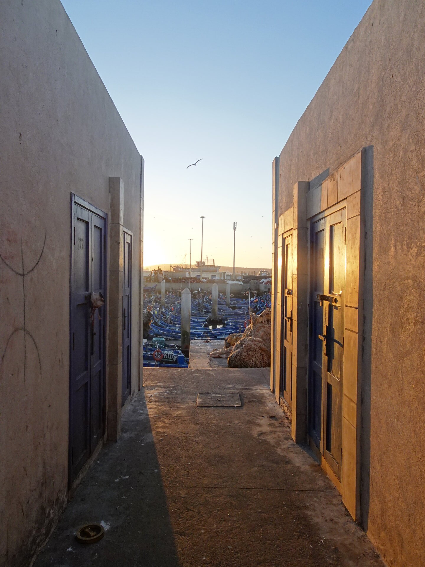 Narrow alley between buildings opening onto blue fishing boats in the harbour at sunset