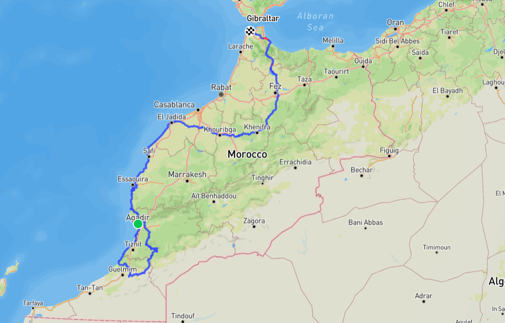 Map of Morocco showing the bikepacking route from Agadir to Tangier