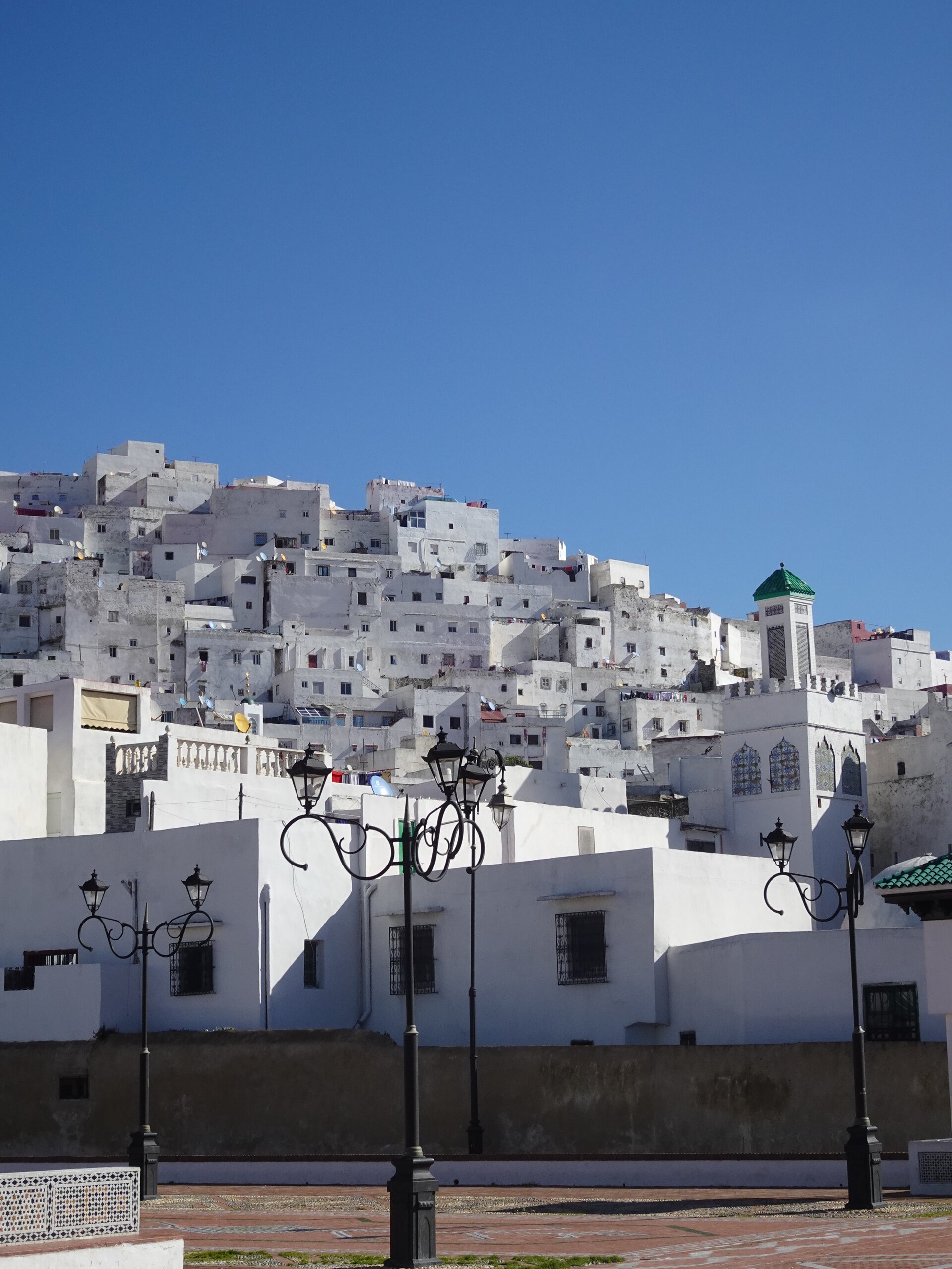 White-washed buildings of Tetouan's medina cascading up a hillside